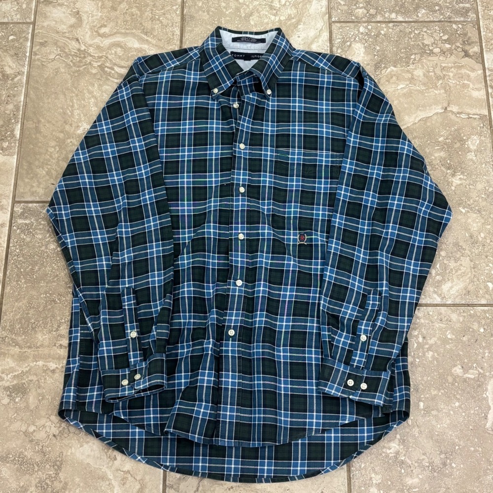 Vintage Tommy Hilfiger Mens Large Blue Green Plaid Long Sleeve Button Shirt